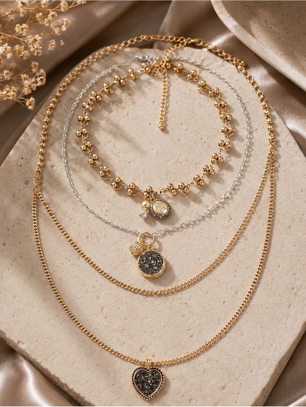 Layered Heart Charm Necklaces Set Gold Boho Jewelry - Picture 4 of 5